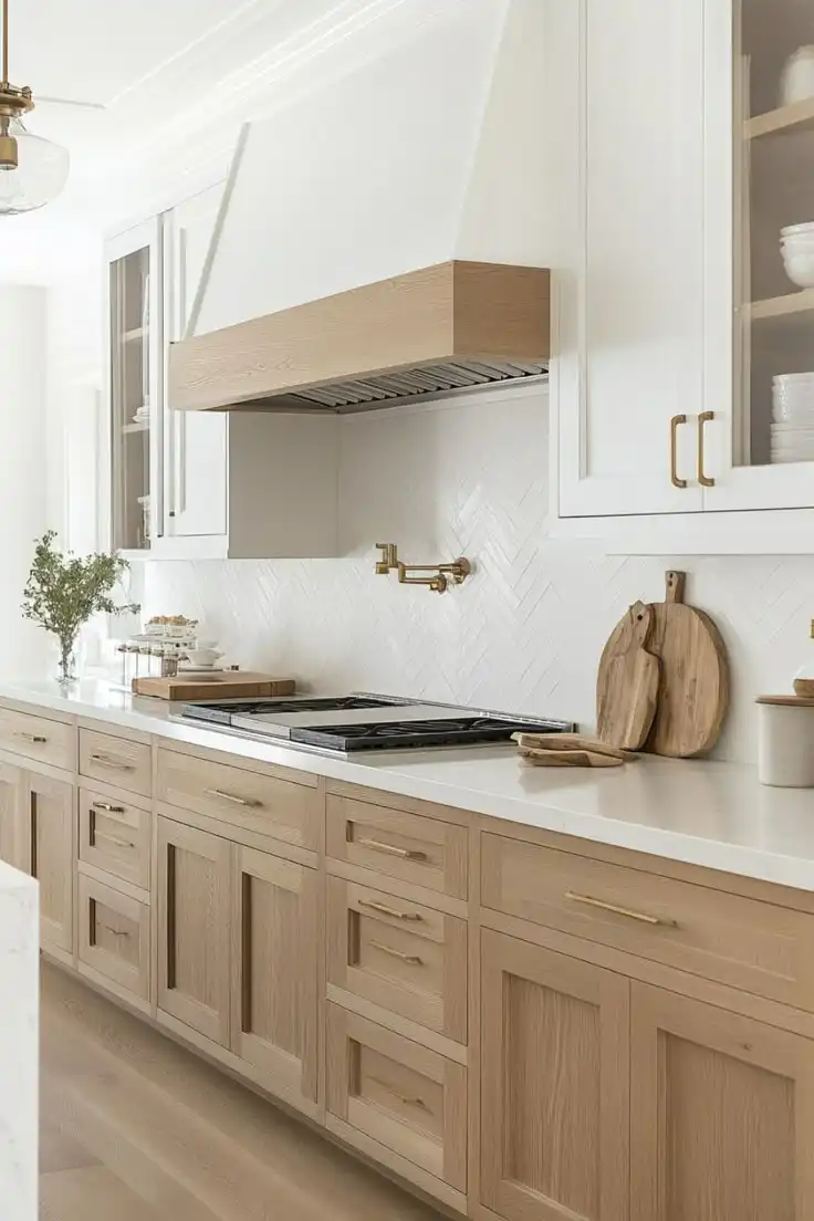 White oak kitchen with large island, brass pendants, and handmade tile backsplash