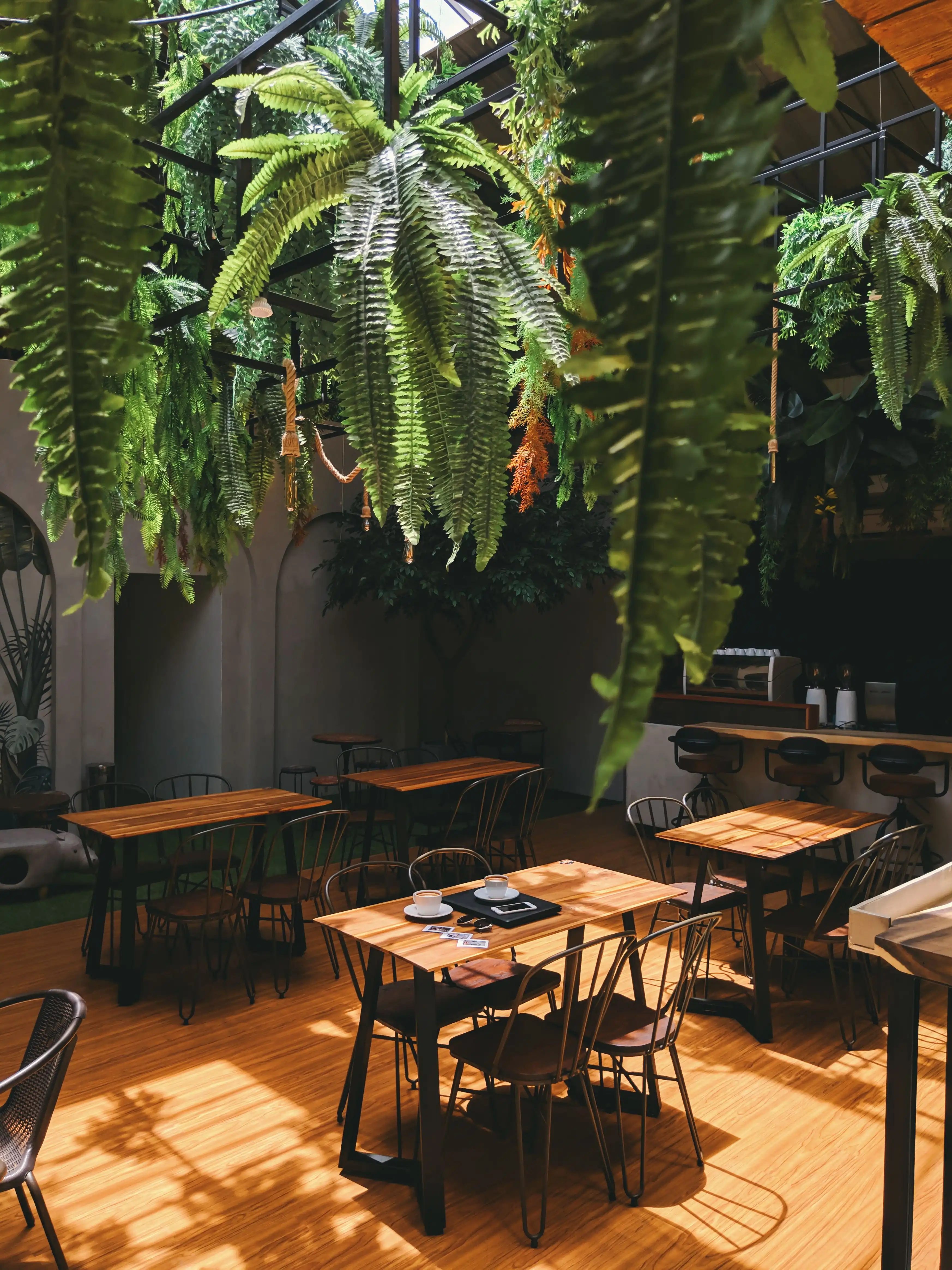 Cozy cafe interior with slatted oak wall, service counter, and banquette seating